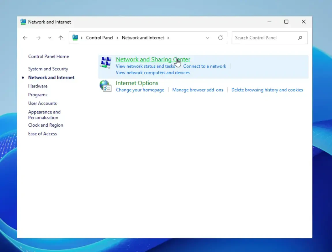 network and sharing center