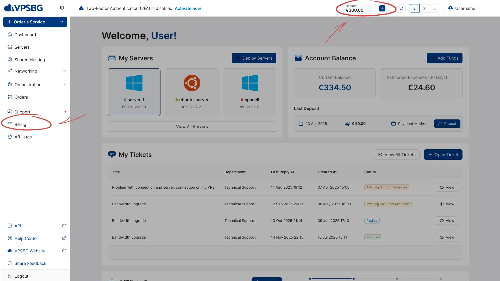 navigate to the billing page