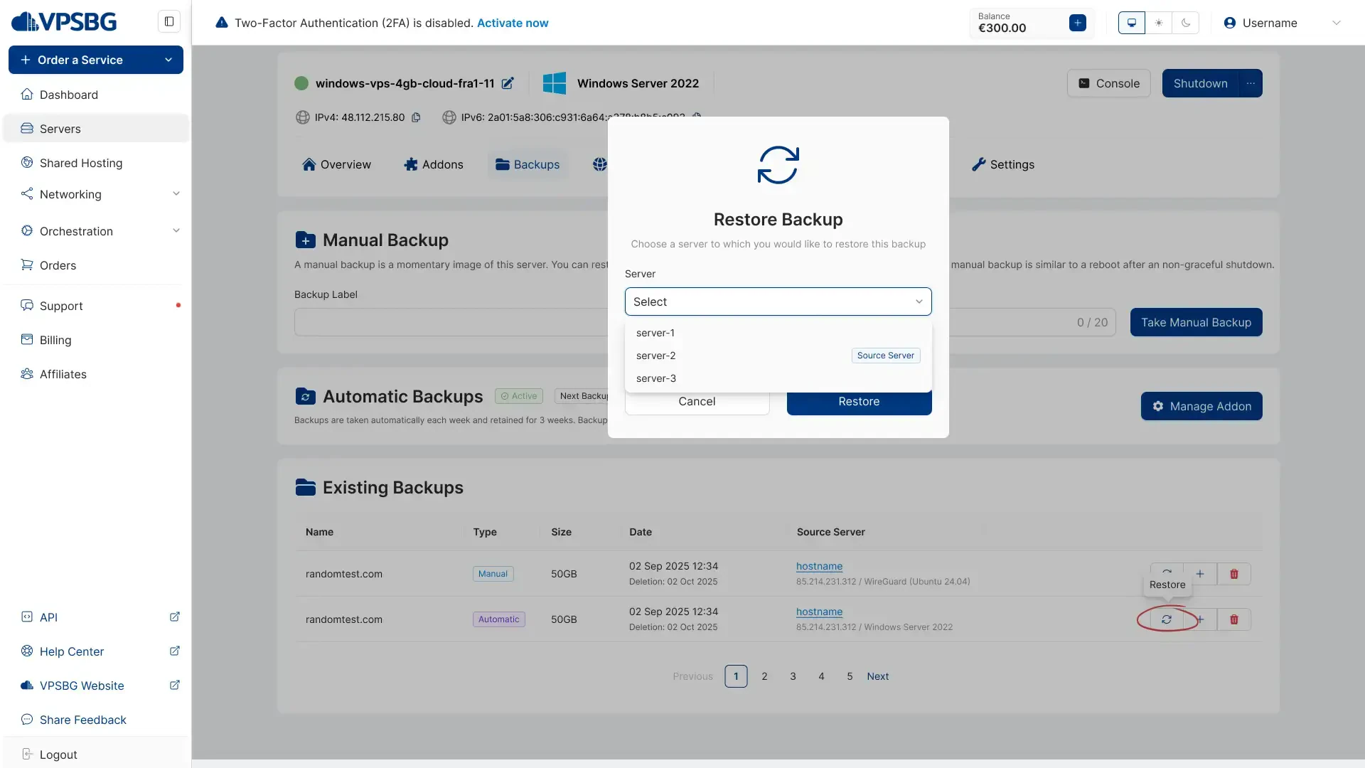choose restore server target